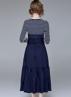 Stylish Striped Splicing Waist Big Hem Dress