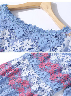 Autumn Slash Neck Star Embroidered Lace-paneled Midi Dress