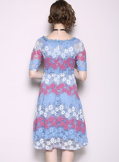Autumn Slash Neck Star Embroidered Lace-paneled Midi Dress