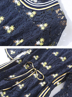 Chic Crew-neck Floral Embroidery Elastic Waist Midi Dress