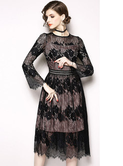 Sexy Black Lace-paneled Hollow Out Embroidered Plus Size Dress