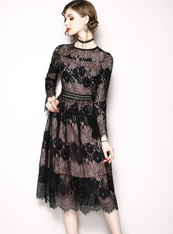Sexy Black Lace-paneled Hollow Out Embroidered Plus Size Dress