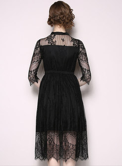 Three Quarters Sleeve Black Lace Pleated Hem Dress