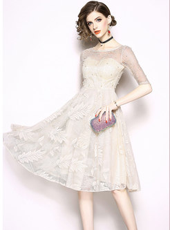Stylish Apricot Embroidered Lace-paneled Dress With Nail Beaded