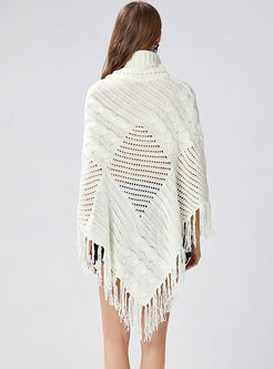 Pure Color Hollow Out High Neck Asymmetric Tassel Knitted Kimono