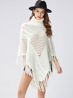  Pure Color Hollow Out High Neck Asymmetric Tassel Knitted Kimono