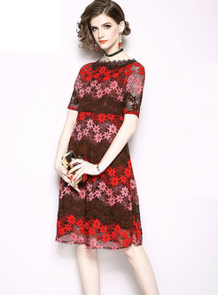 Autumn Brown Slash Neck Star Embroidered Lace-paneled Midi Dress