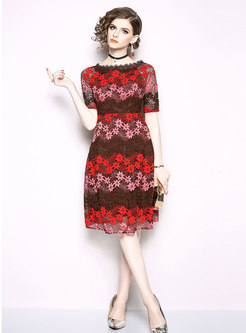 Autumn Brown Slash Neck Star Embroidered Lace-paneled Midi Dress