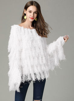 Chic White Slash Neck Tassel Knitted Sweater