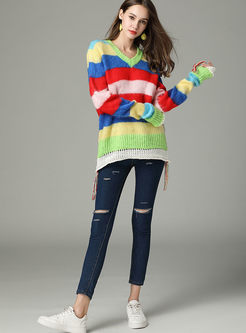 Casual Striped V-neck Tassle Patch Knitted Sweater