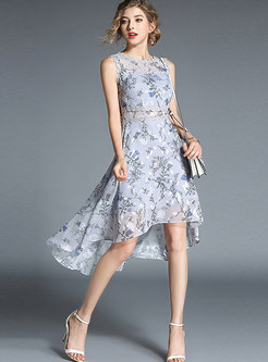 Light Grey Sleeveless Floral Chiffon High-Low Hem Dress
