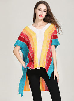 Loose Rainbow Striped V-neck Slit Asymmetric Knitted Top