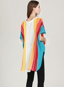 Loose Rainbow Striped V-neck Slit Asymmetric Knitted Top