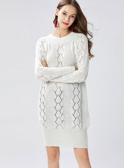 Pure Color Hollow Out O-neck Knitted Dress