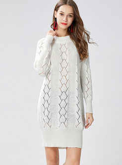 Pure Color Hollow Out O-neck Knitted Dress