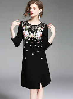Black Three Quarters Sleeve Lace-paneled Dress With Split 