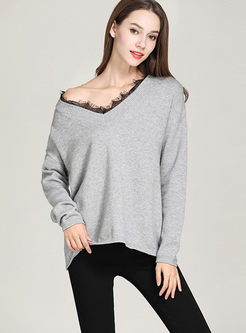 Chic Lace Splicing V-neck Knitted Sweater