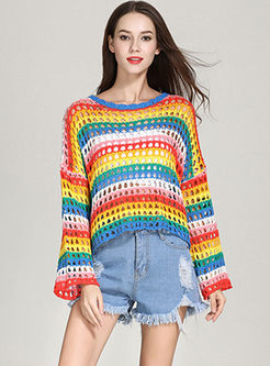 Stylish Striped Hollow Out Flare Sleeve Loose Knitted Sweater