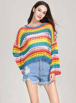 Stylish Striped Hollow Out Flare Sleeve Loose Knitted Sweater