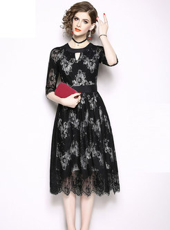 Black Half Sleeve Keyhole Lace Patchwork Midi Dress