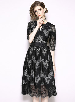 Black Half Sleeve Keyhole Lace Patchwork Midi Dress