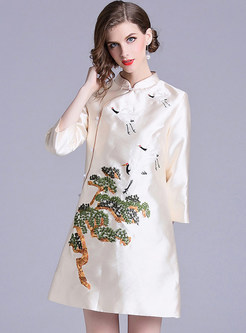 Vintage Embroidered Single-breasted A Line Dress