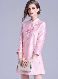 Pink Mandarin Collar Slim Improved Cheongsam Dress