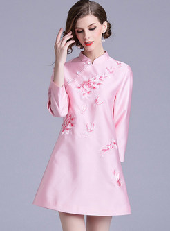 Pink Mandarin Collar Slim Improved Cheongsam Dress