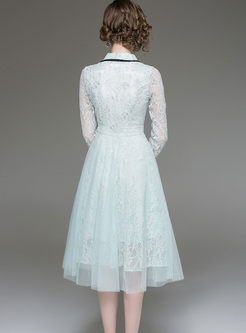 Elegant Color-blocked Hollow Out High Waist Slim Lace Dress