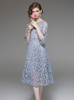 Pure Color Flare Sleeve High Waist Perspective Lace Dress