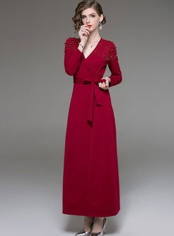 Trendy Red V-Neck Beaded Belted Slim Maxi Dress