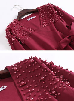 Trendy Red V-Neck Beaded Belted Slim Maxi Dress