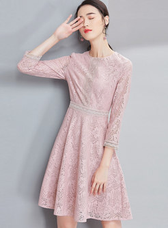Stylish Pink Lace-paneled Hollow Out Skater Dress