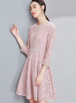Stylish Pink Lace-paneled Hollow Out Skater Dress