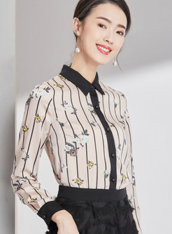 Trendy OL Turn-down Collar Color-blocked Striped Blouse 