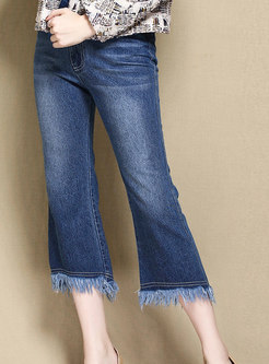 Casual Blue Denim Flare Pants With Fringed Detail