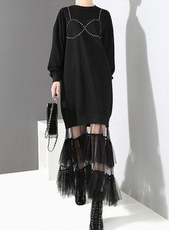 Trendy Black Mesh Splicing Elastic Waist Dress With Rivet