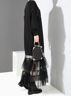 Trendy Black Mesh Splicing Elastic Waist Dress With Rivet