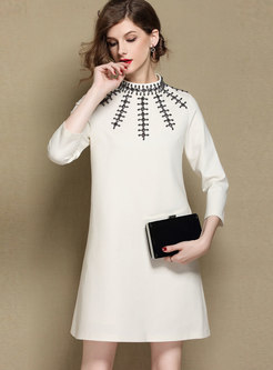 Elegant Stand Collar Three Quarters Sleeve Skinny A Line Dress