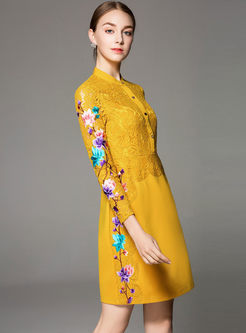 Chic Splicing Embroidered Stand Collar High Waist Slim Dress