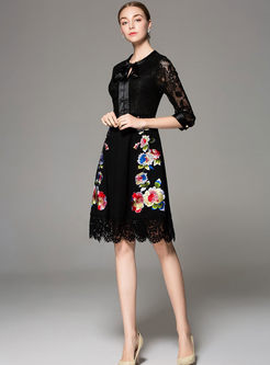Stylish Splicing Embroidered Tied-collar High Waist Slim Dress