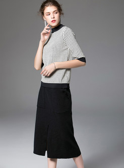 O-neck Half Sleeve Plaid T-Shirt & Slit Slim Skirt