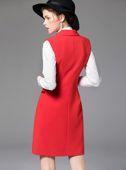 Red Notched Double-breasted Double-breasted Slim Vest