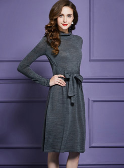Stand Collar Long Sleeve Waist Knitted Dress