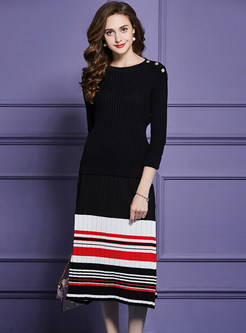 Pure Color O-neck Sweater & Striped Knitted Skirt
