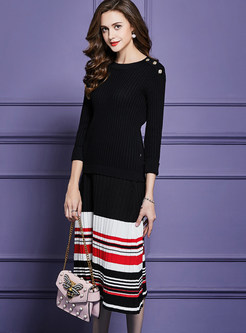 Pure Color O-neck Sweater & Striped Knitted Skirt