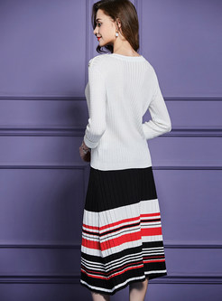 O-neck Knitted Long Sleeve Striped Two Piece Outfits