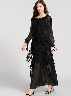 Black Loose Chiffon Pleated Big Hem Maxi Dress