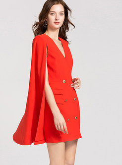 Elegant Red Cloak V-neck Slim Bodycon Dress