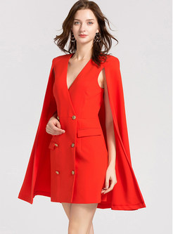 Elegant Red Cloak V-neck Slim Bodycon Dress